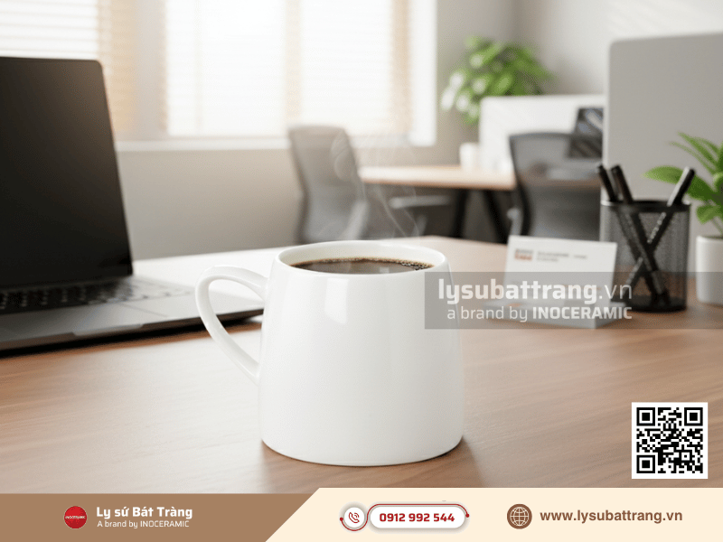 Ly Melano sứ 230ml màu trắng dễ in logo, thích hợp làm quà tặng doanh nghiệp