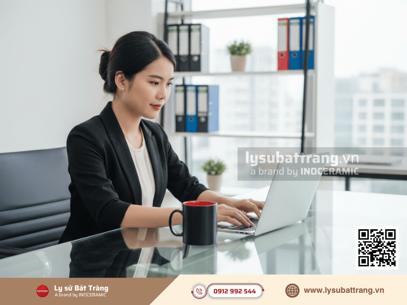 Ly sứ Bát Tràng trụ quai C hai màu 350ml phù hợp làm quà tặng