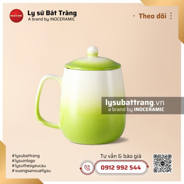 Ly sứ bầu quai vuông có nắp – Men màu – Hình 4
