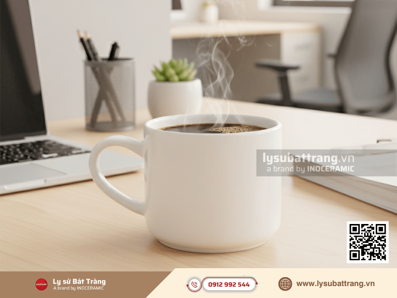 Ly sứ lùn quai tim 360ml màu trắng dễ in logo, làm quà tặng doanh nghiệp ý nghĩa