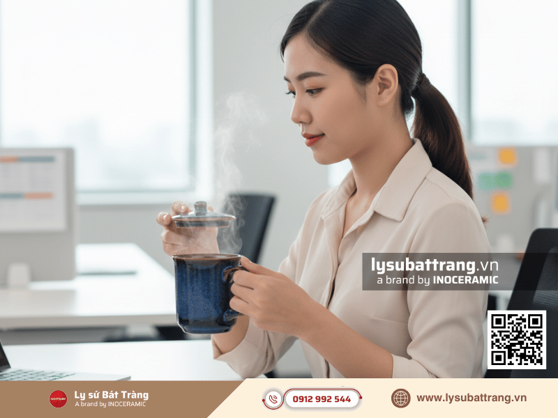 Ly sứ men hỏa biến 270ml miệng loe kèm nắp, thiết kế thủ công tinh tế