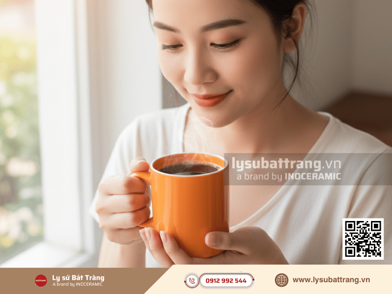 Ly sứ men màu dáng trụ 350ml kẻ miệng đơn giản hiện đại