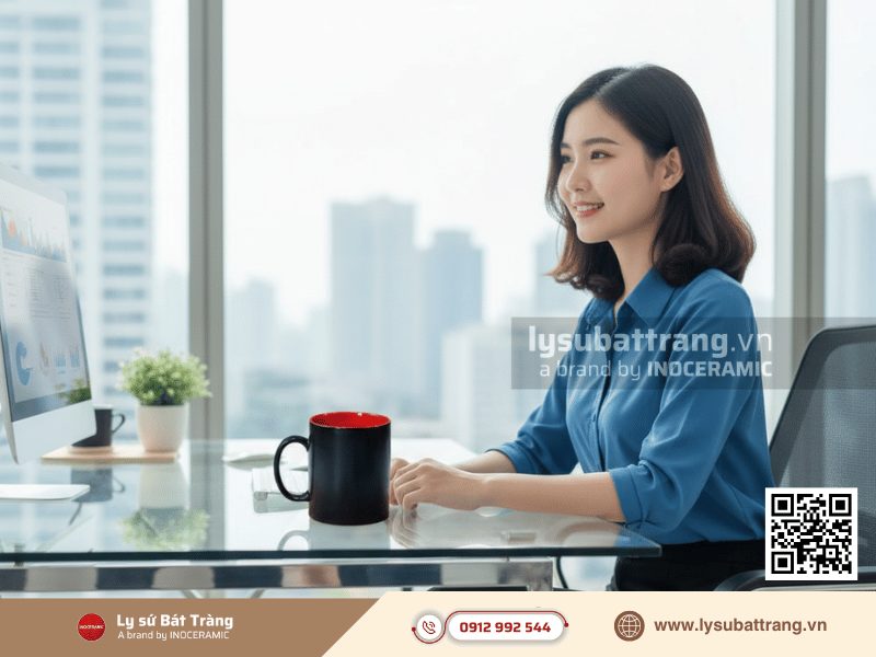 Ly sứ men màu hai màu dáng trụ 350ml quai C chắc tay
