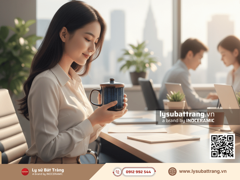 Ly sứ miệng loe có nắp 270ml men hỏa biến dễ in logo, phù hợp làm quà tặng