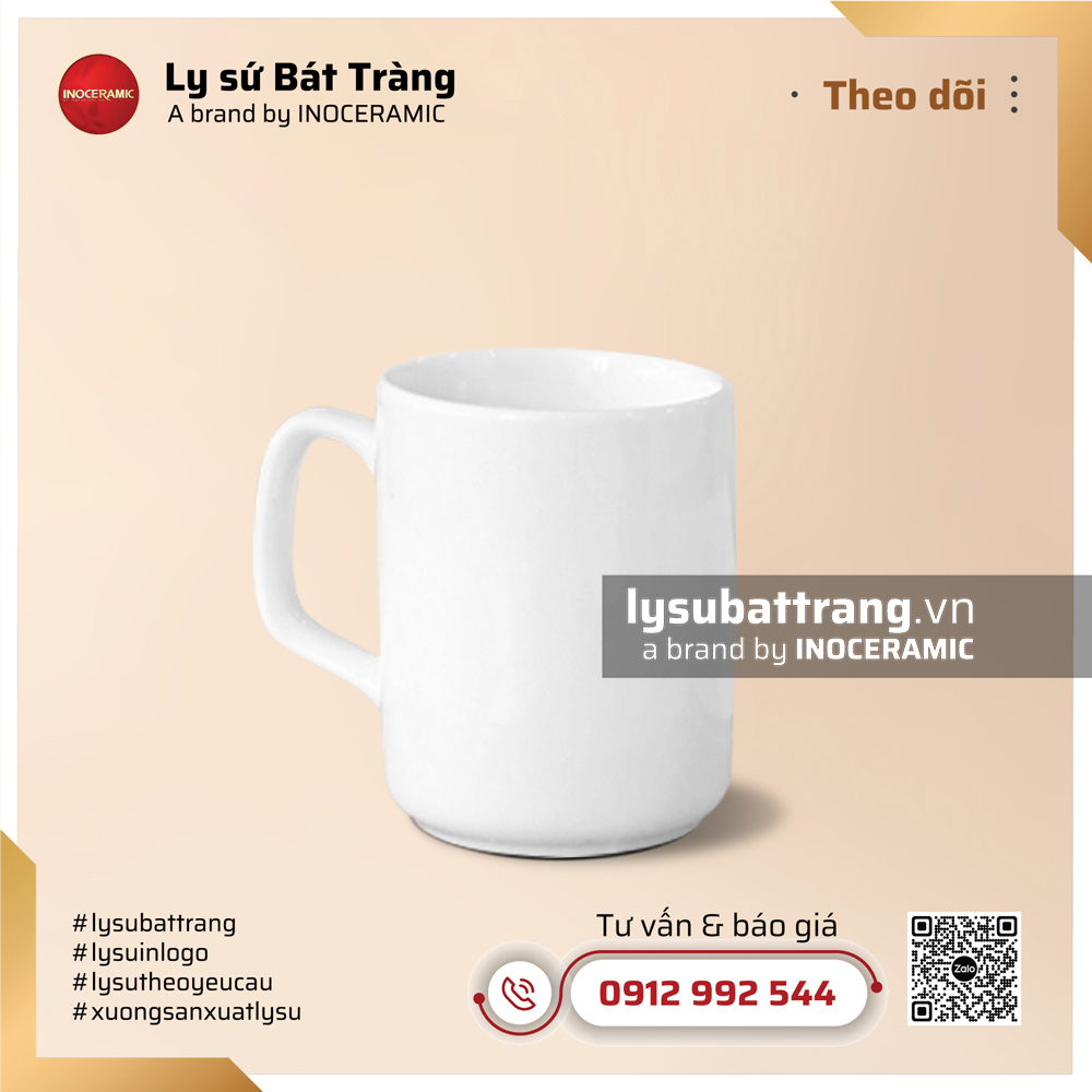 Ly trụ quai vuông 350ml - Màu trắng - Ly Sứ Bát Tràng
