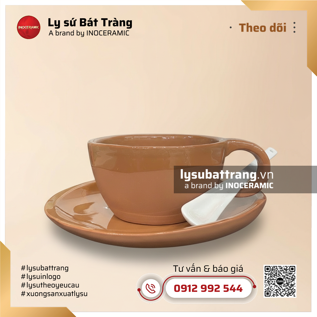 Cốc capuccino méo thành dày – Men nâu pastel – Hình 3