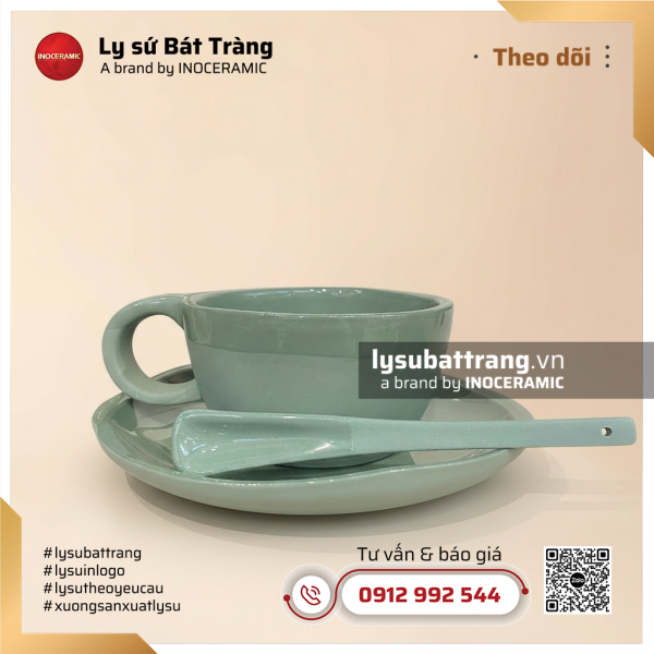 Cốc capucino méo thành dày – Men xanh da trời pastel – Hình 3