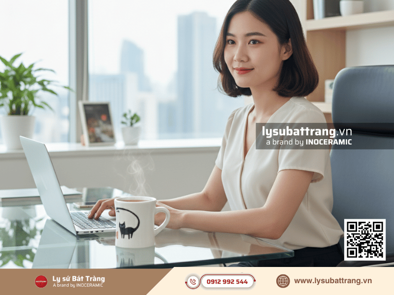 Cốc eo quai tim vẽ mèo mun hoa văn vẽ tay thủ công