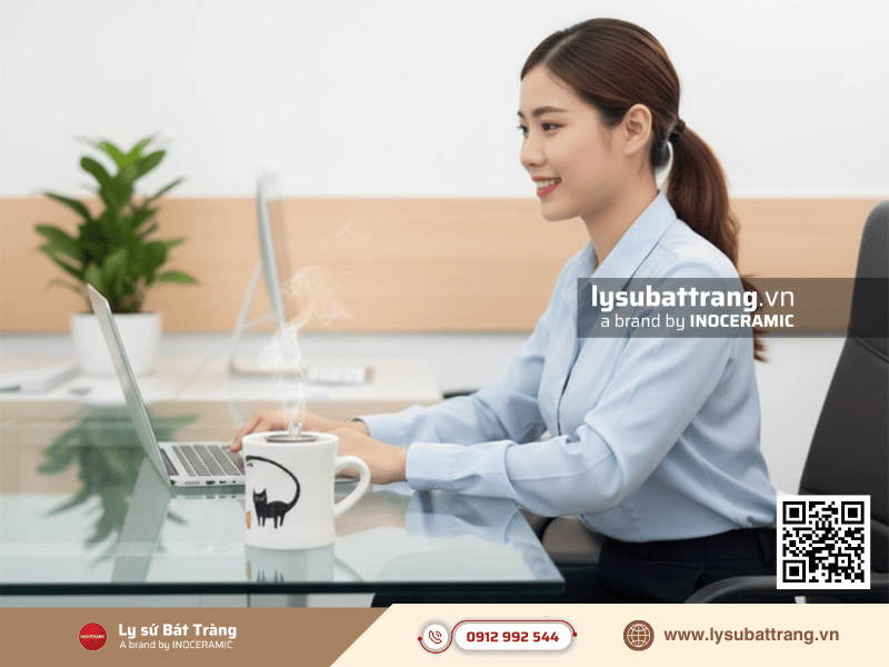 Hình mèo mun vẽ tay đáng yêu trên cốc sứ eo quai tim