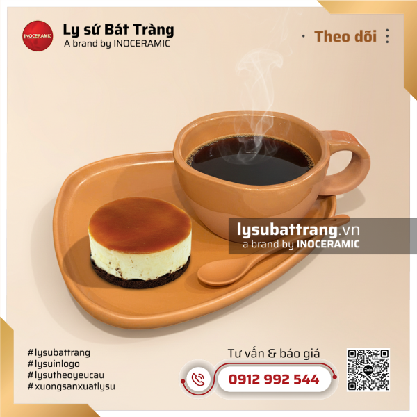 Khay cafe bánh đĩa tam giác và thìa cốc sứ nâu – Hình 5