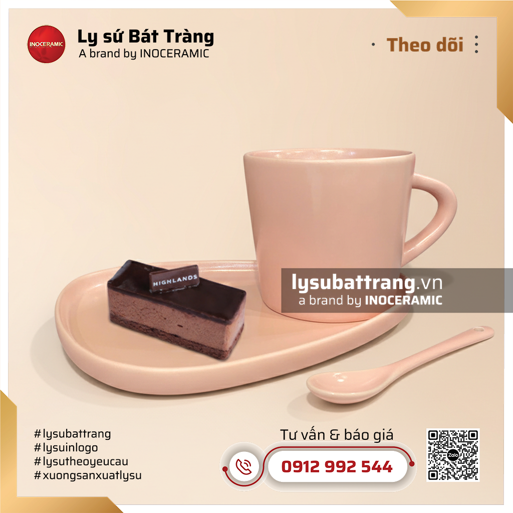 Khay cà phê bánh tam giác và thìa cốc vát hồng pastel