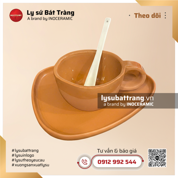 Khay cafe bánh đĩa tam giác và thìa cốc sứ nâu – Hình 2