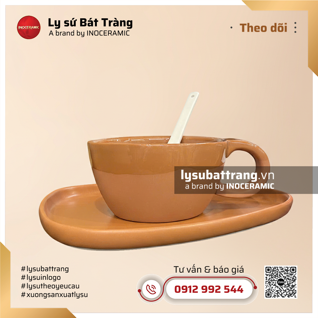 Khay cafe bánh đĩa tam giác và thìa cốc sứ nâu – Hình 3