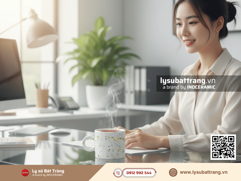 Ly sứ lùn 320ml chấm hạt màu hoa văn, thiết kế dễ thương cho phái đẹp
