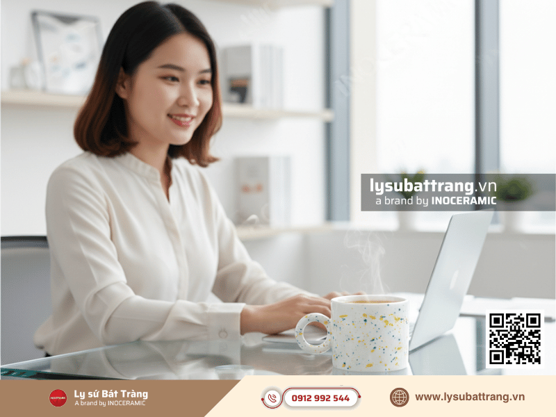 Ly sứ lùn 320ml chấm hạt màu hoa văn thủ công, phù hợp làm quà tặng cho nữ