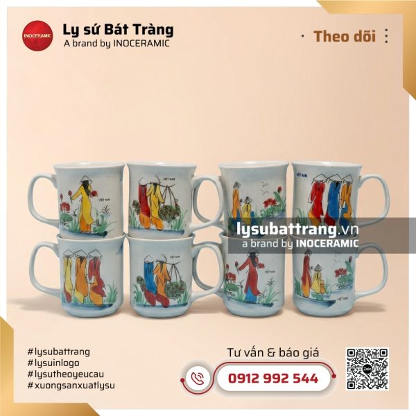 Ly sứ quai vuông miệng loe áo dài Việt Nam – Hoa văn – Hình 3