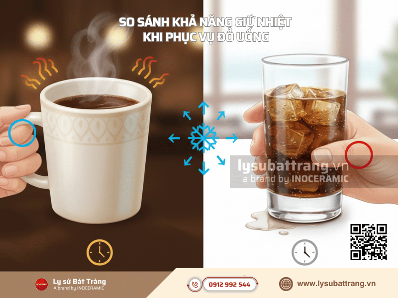 So sánh khả năng giữ nhiệt của ly sứ và ly thủy tinh khi phục vụ đồ uống nóng lạnh