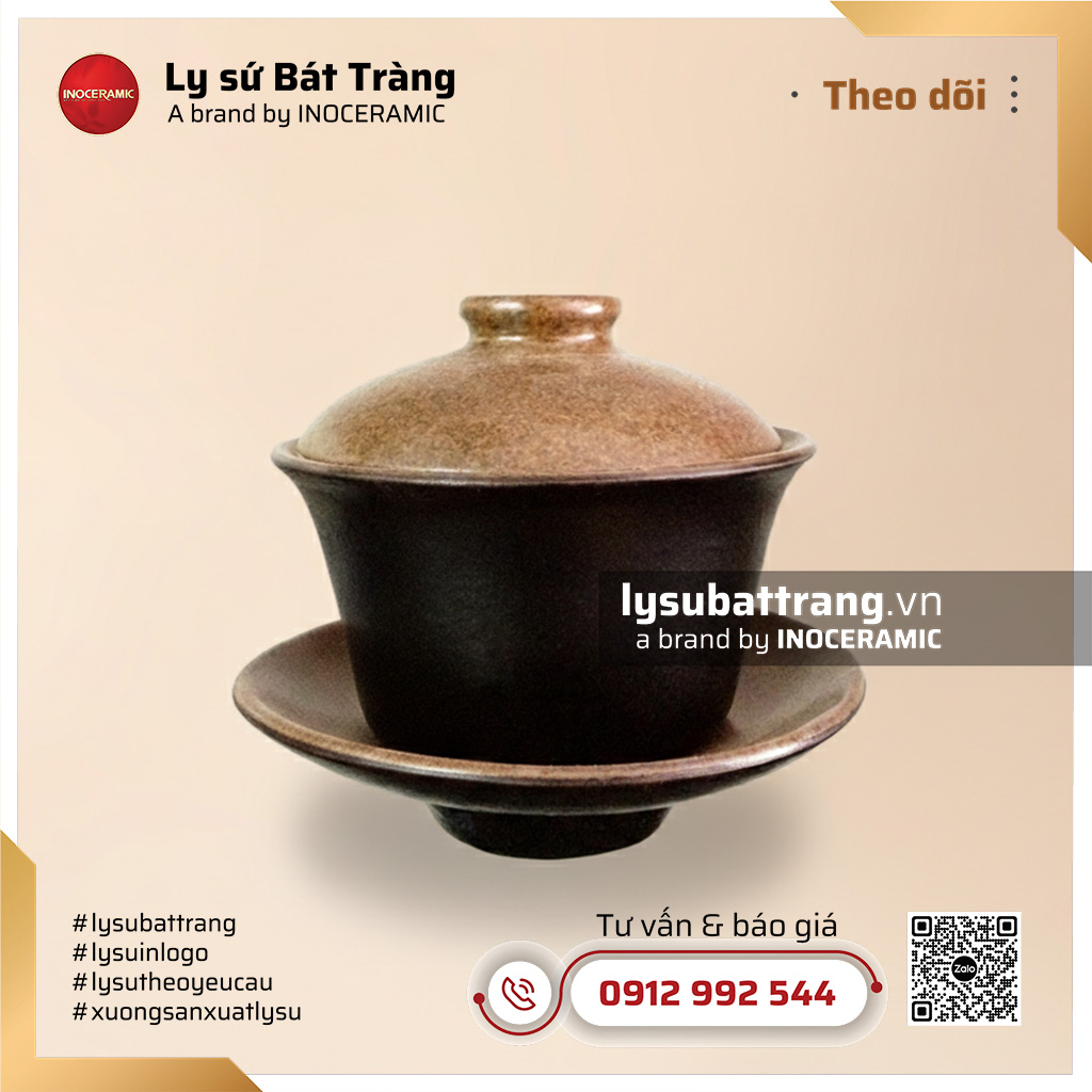 Cốc chè tàu khắc lá tre – Men đen lòng gốm – Hình 2