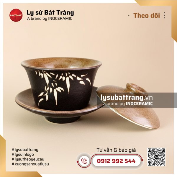 Cốc chè tàu khắc lá tre – Men đen lòng gốm – Hình 3