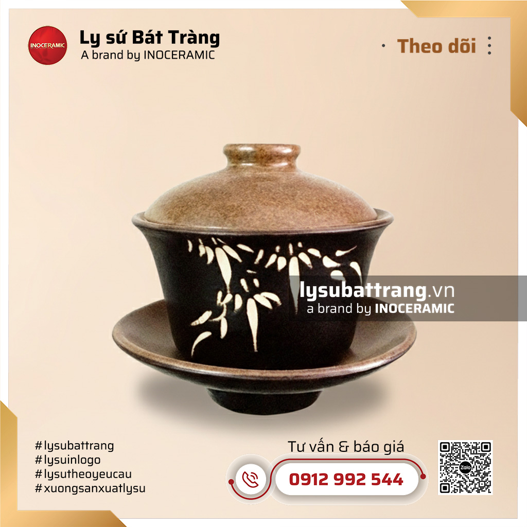 Cốc chè tàu khắc lá tre - Men đen lòng gốm