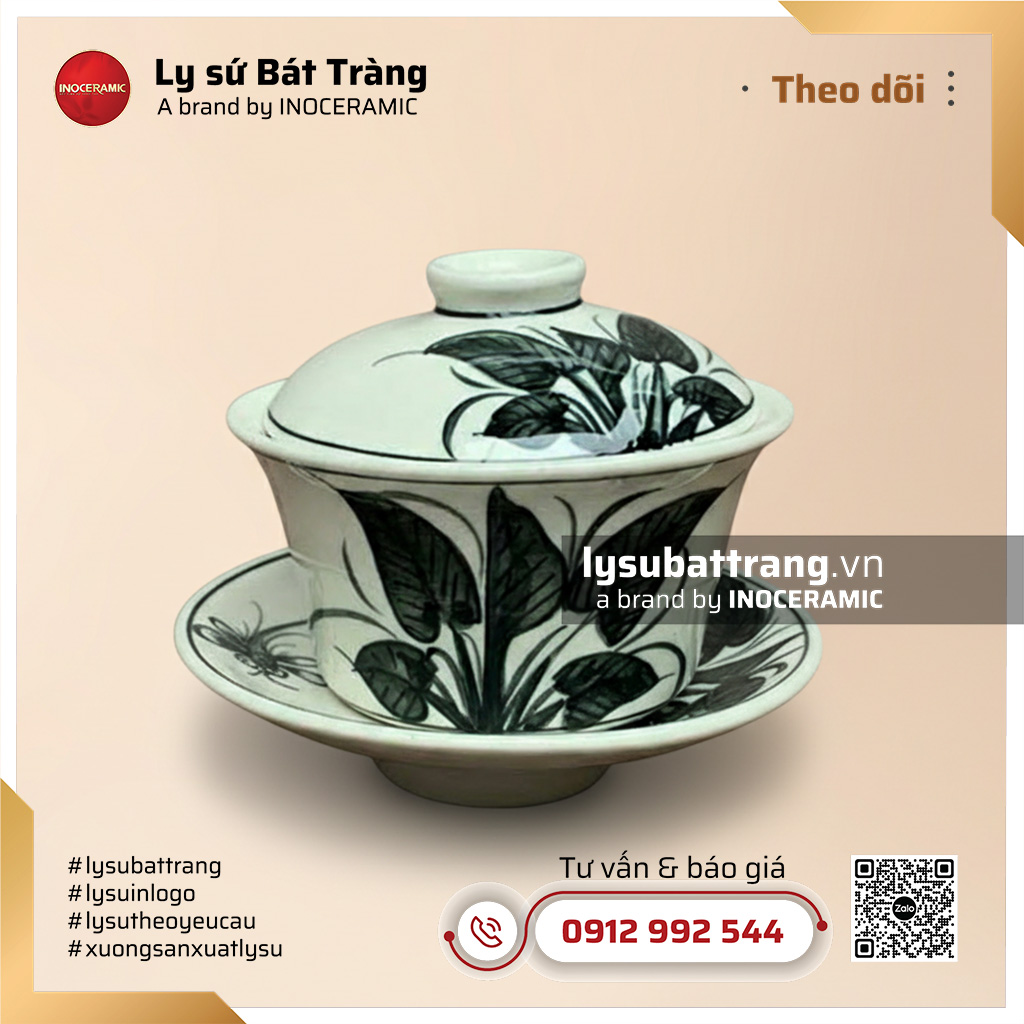 Chén sứ chè hoa men tro vẽ chuồn khoai