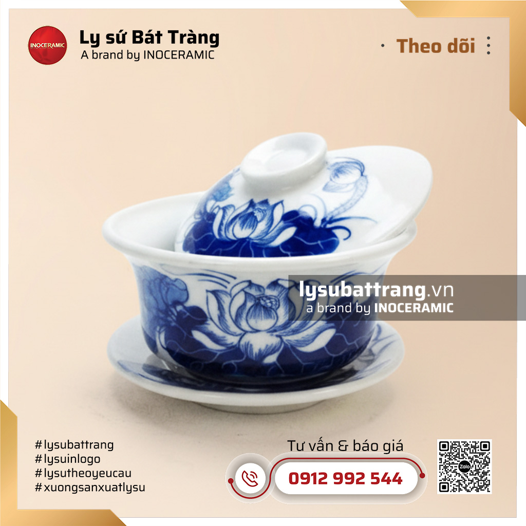 Chén sứ bát trà thanh liên trì nắp cao vẽ tay – Hình 2