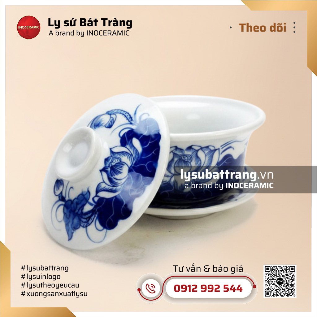 Chén sứ bát trà thanh liên trì nắp cao vẽ tay – Hình 3