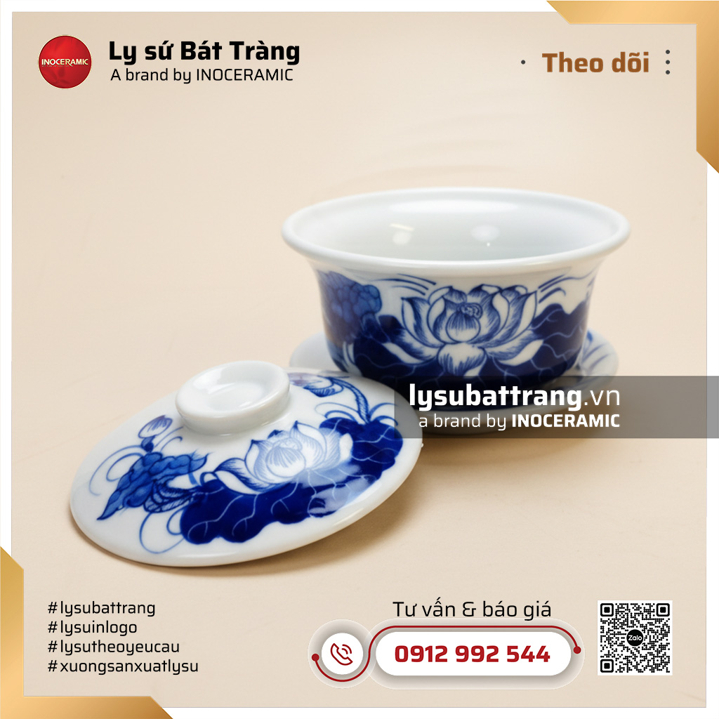 Chén sứ bát trà thanh liên trì nắp cao vẽ tay – Hình 4