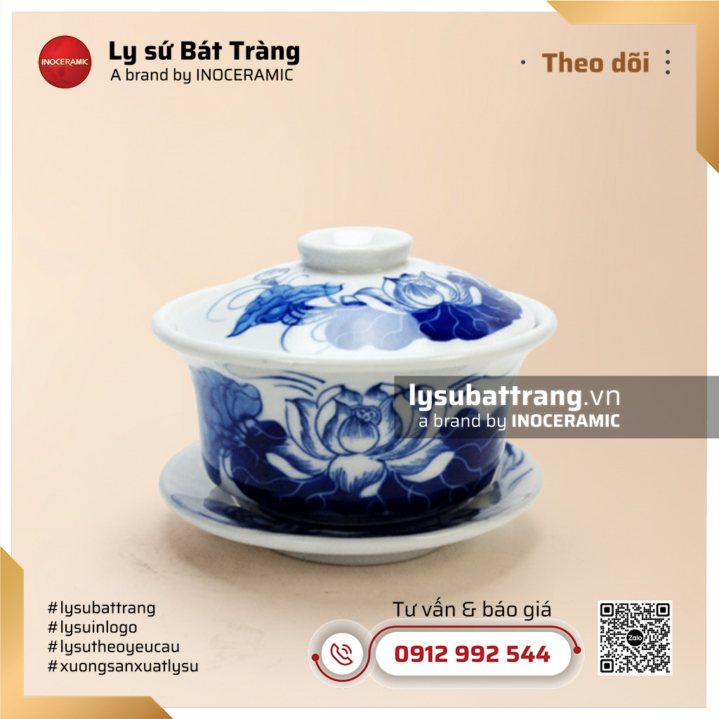 Chén sứ bát trà thanh liên trì nắp cao vẽ tay