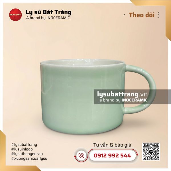 Cốc sứ cà phê quai C – Men xanh mint – Hình 2
