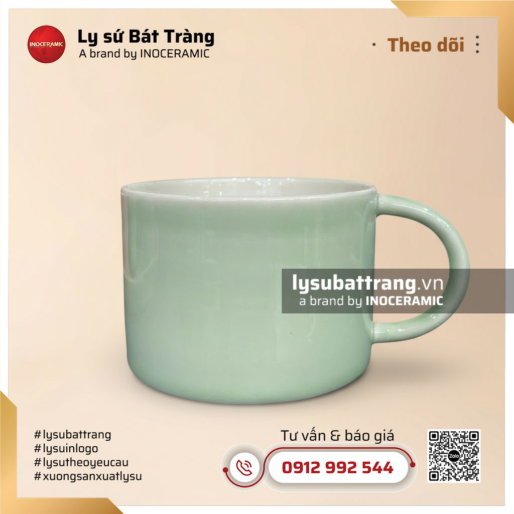 Cốc sứ cà phê quai C – Men xanh mint – Hình 2