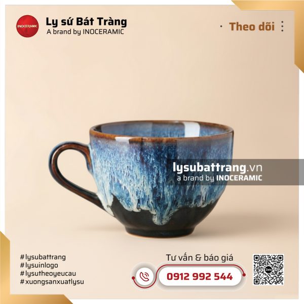 Cốc capuccinno đế cao Lam Hải – Men hỏa biến – Hình 3