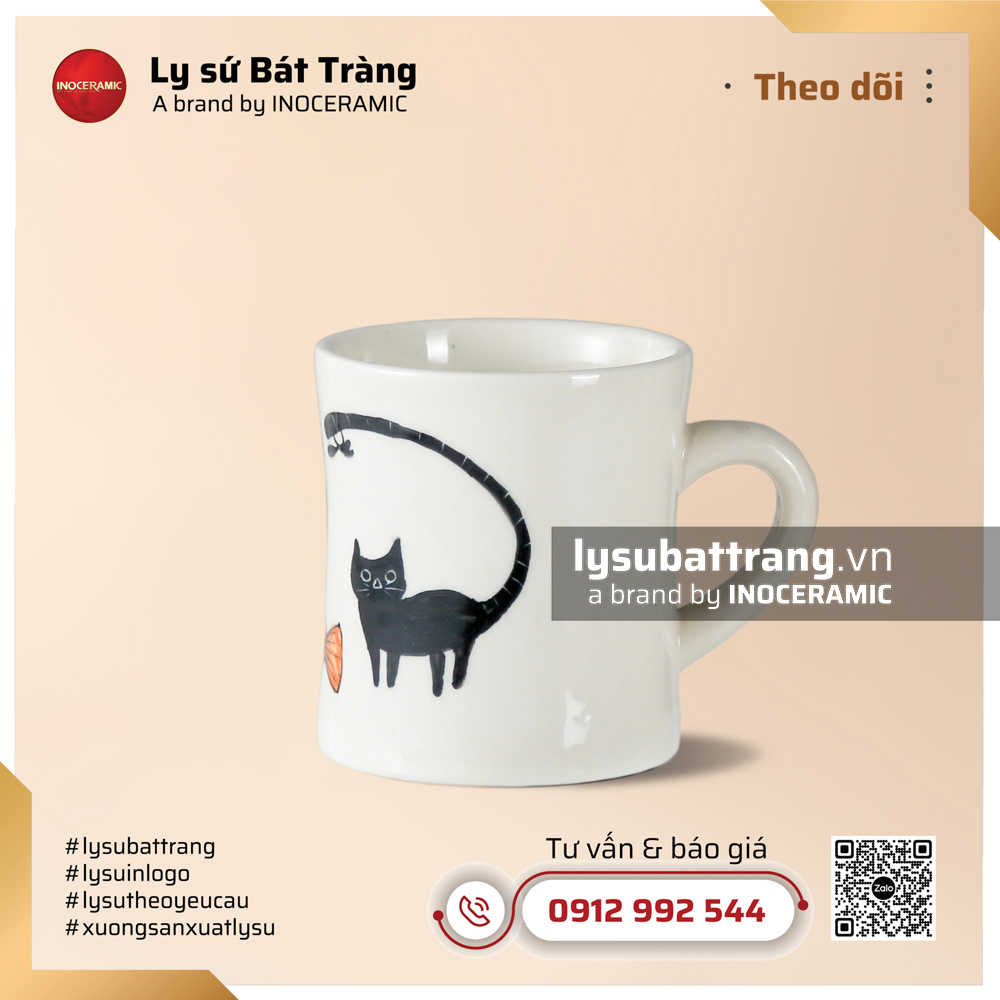 Cốc eo quai tim vẽ mèo mun - Hoa văn