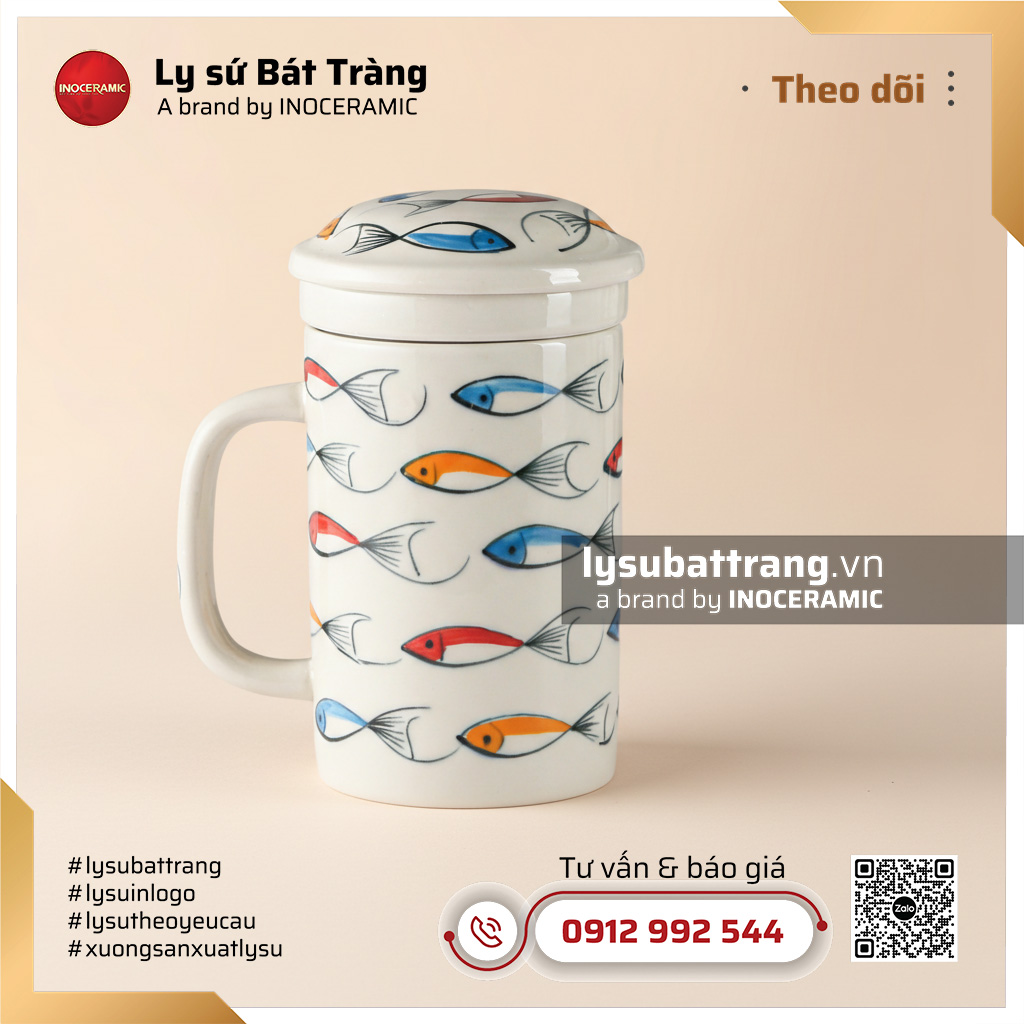 Cốc lọc trà sứ vẽ màu cá guppy - Hoa văn