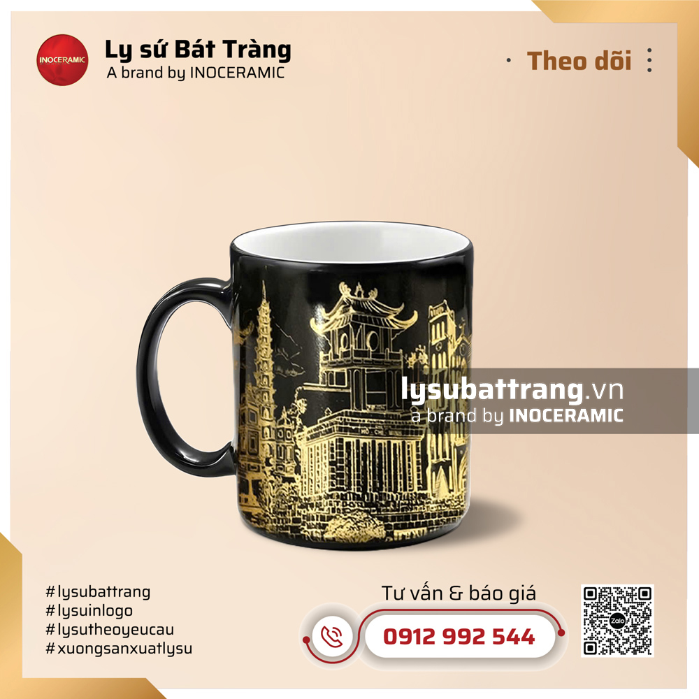 Ly sứ trụ quai C in decal 350ml - Hoa văn