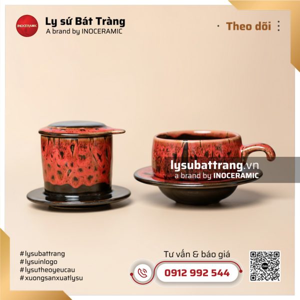 Bộ pha cà phê sứ Nham Thạch – Men hỏa biến – Hình 3