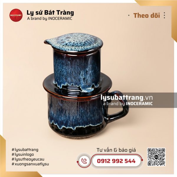 Bộ cốc sứ cà phê quai vuông men Lam Hải – Hình 2