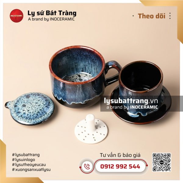 Bộ cốc sứ cà phê quai vuông men Lam Hải – Hình 3