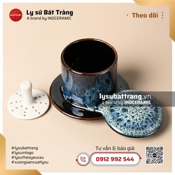 Bộ cốc sứ cà phê quai vuông men Lam Hải – Hình 4