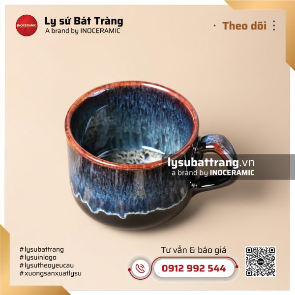 Bộ cốc sứ cà phê quai vuông men Lam Hải – Hình 5