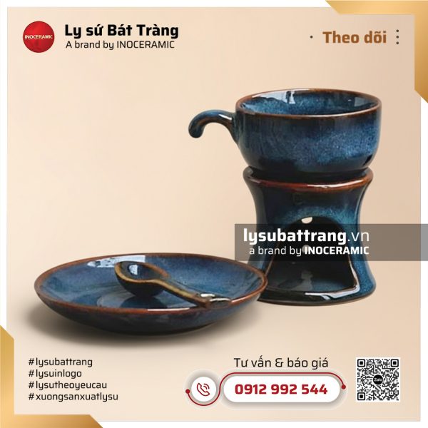 Bộ tách cà phê kèm đế hâm men hỏa biến và thìa – Hình 2