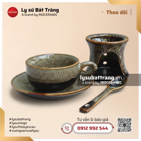 Bộ tách cà phê kèm đế hâm men nâu hỏa biến và thìa – Hình 4