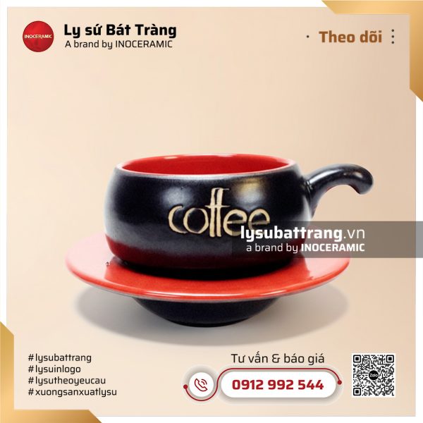 Bộ tách cà phê men đen lòng đỏ kèm đế nón và thìa – Hình 2