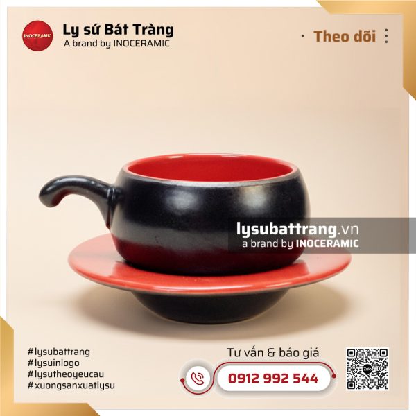Bộ tách cà phê men đen lòng đỏ kèm đế nón và thìa – Hình 3
