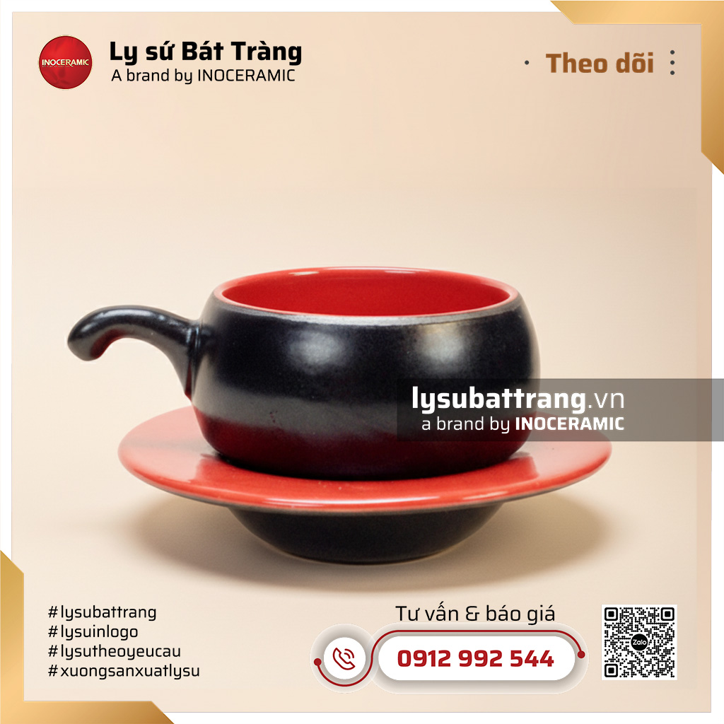 Bộ tách cà phê men đen lòng đỏ kèm đế nón và thìa – Hình 3