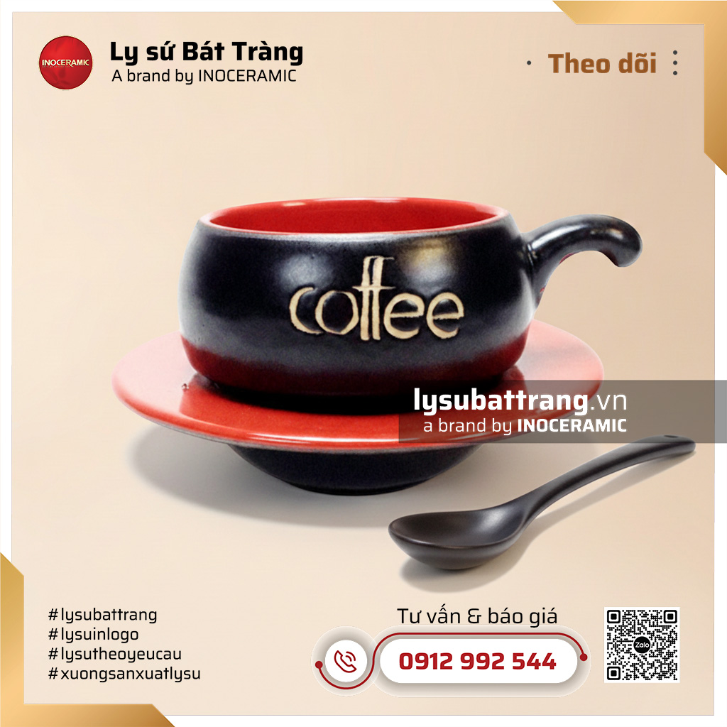 Bộ tách cà phê men đen lòng đỏ kèm đế nón và thìa