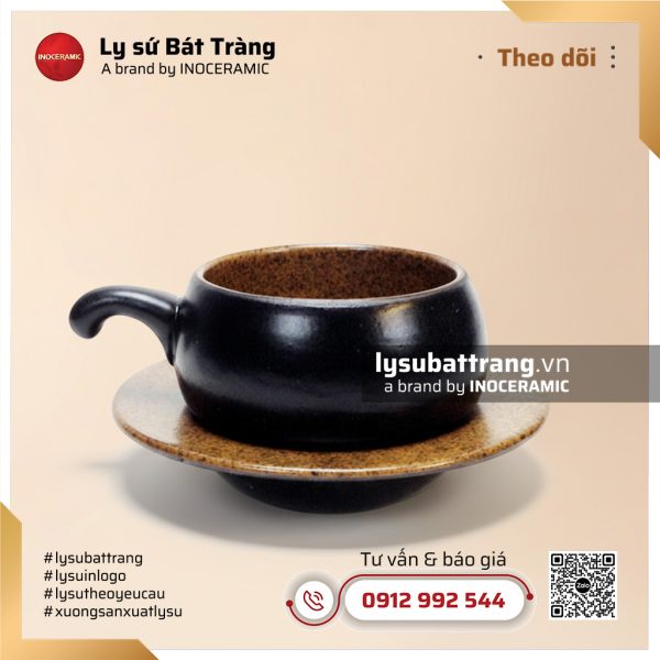 Bộ tách cà phê men đen lòng gốm kèm đế nón và thìa – Hình 3