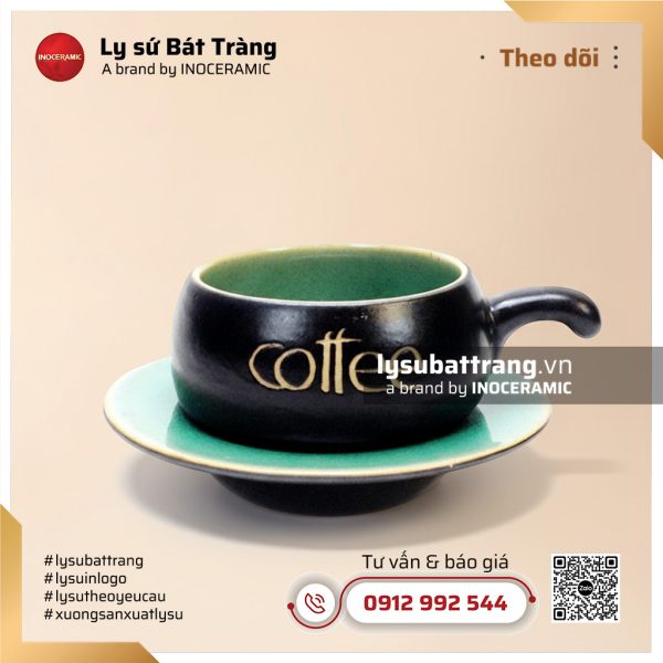 Bộ tách cafe men đen lòng xanh ngọc kèm đế và thìa – Hình 2