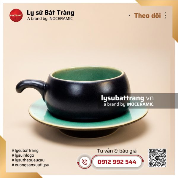 Bộ tách cafe men đen lòng xanh ngọc kèm đế và thìa – Hình 3