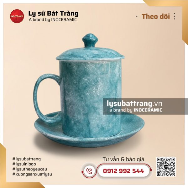 Ca trà có nắp kèm đĩa lót men vân đá màu lam ngọc – Hình 2